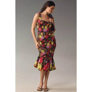 NWT Anthropologie Pebble-Smocked Dress M Midi Black Floral Yukiko Noritak $178
